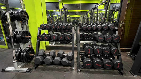 Commercial dumbbell racks and Olympic plate tree at Power House Gym Shahupuri