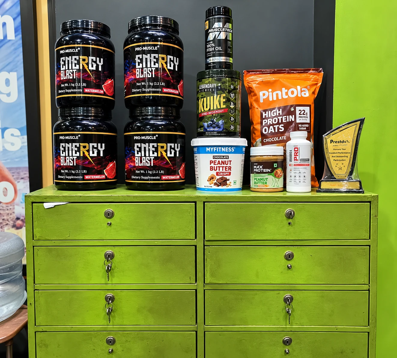 Certified workout supplements and peanut butter shelf at Power House Gym